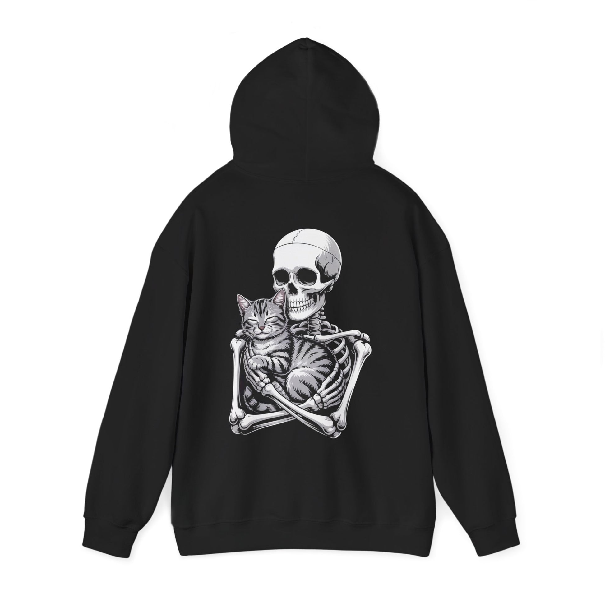 Skeleton gently holding gray tabby cat in loving embrace – gothic spooky cat hoodie by SkeletonWear Apparel