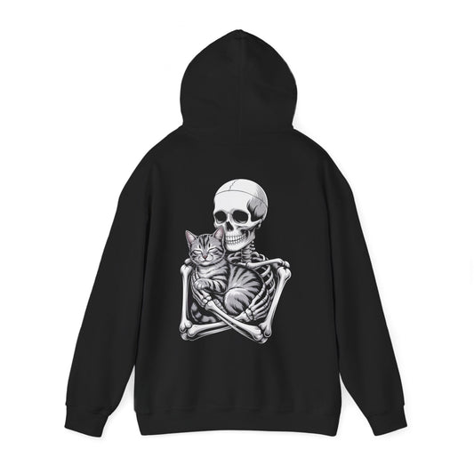 Skeleton gently holding gray tabby cat in loving embrace – gothic spooky cat hoodie by SkeletonWear Apparel