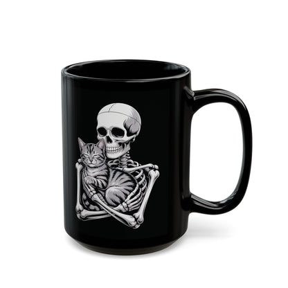 Skeleton holding gray tabby cat in loving embrace – gothic spooky cat mug by SkeletonWear Apparel