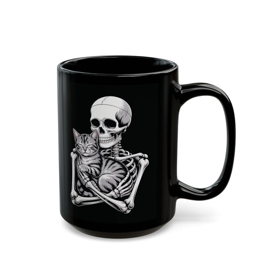 Skeleton holding gray tabby cat in loving embrace – gothic spooky cat mug by SkeletonWear Apparel