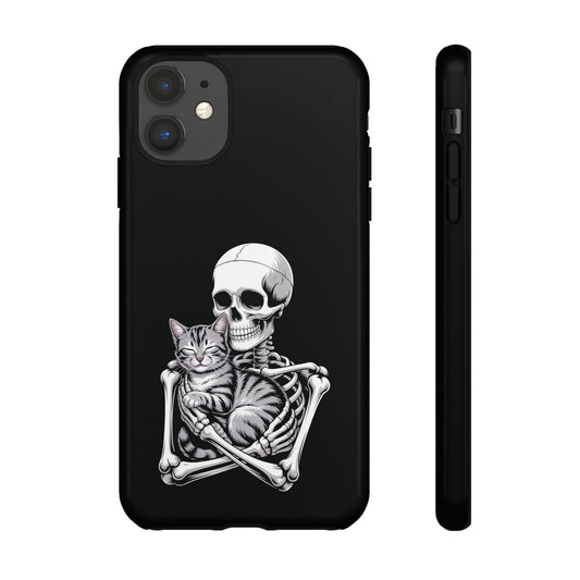 Skeleton embracing gray tabby cat artwork on gothic phone case – SkeletonWear Apparel