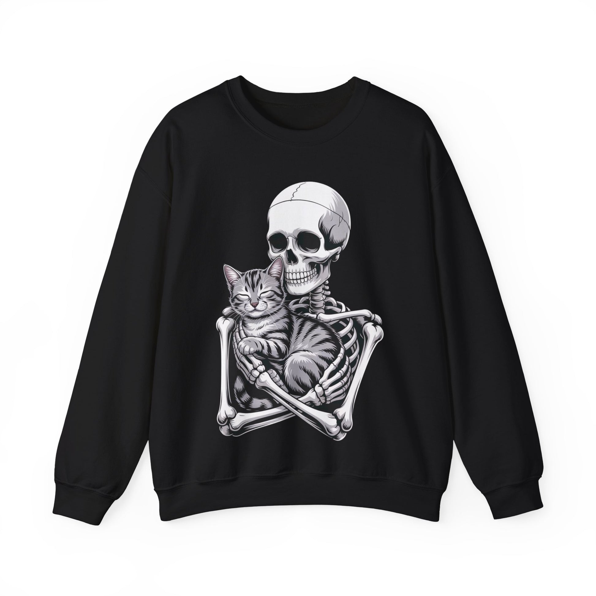 Skeleton hugging gray tabby cat in peaceful embrace – gothic spooky cat sweatshirt by SkeletonWear Apparel