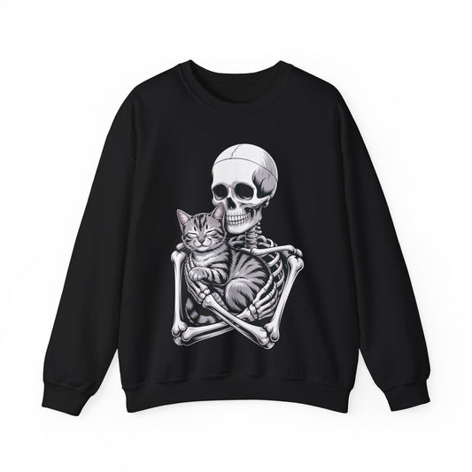 Skeleton hugging gray tabby cat in peaceful embrace – gothic spooky cat sweatshirt by SkeletonWear Apparel