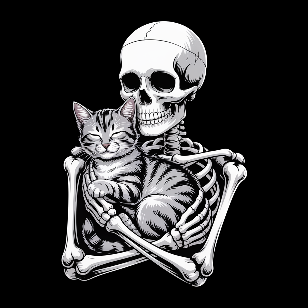 Skeleton cradling gray tabby cat in loving embrace – gothic spooky cat T-shirt by SkeletonWear Apparel