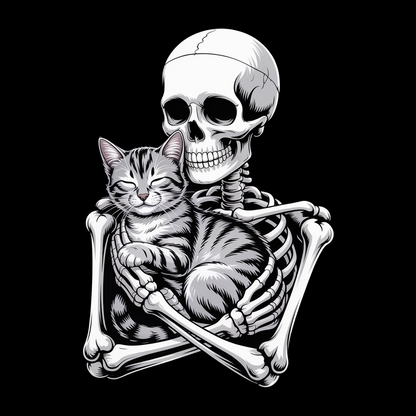 Skeleton cradling gray tabby cat in loving embrace – gothic spooky cat T-shirt by SkeletonWear Apparel