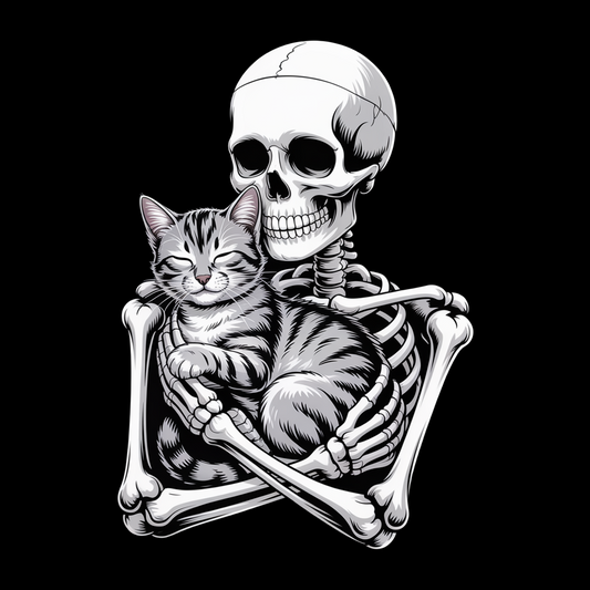 Skeleton cradling gray tabby cat in loving embrace – gothic spooky cat T-shirt by SkeletonWear Apparel