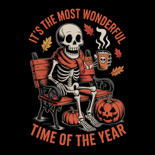 Happy skeleton in scarf drinking pumpkin spice latte on gothic bench with pumpkins and autumn leaves – cozy Halloween skeleton shirt design by SkeletonWear Apparel