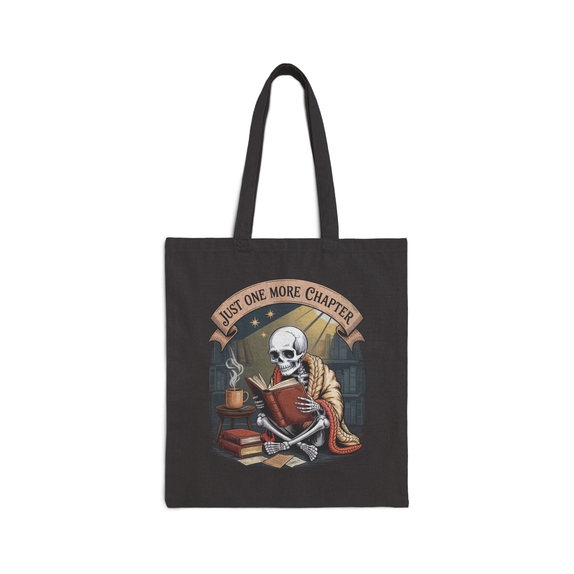 Gothic skeleton tote bag – skull in orange shawl reading antique book in vintage library with steaming mug, banner reads “Just ONE MORE Chapter”