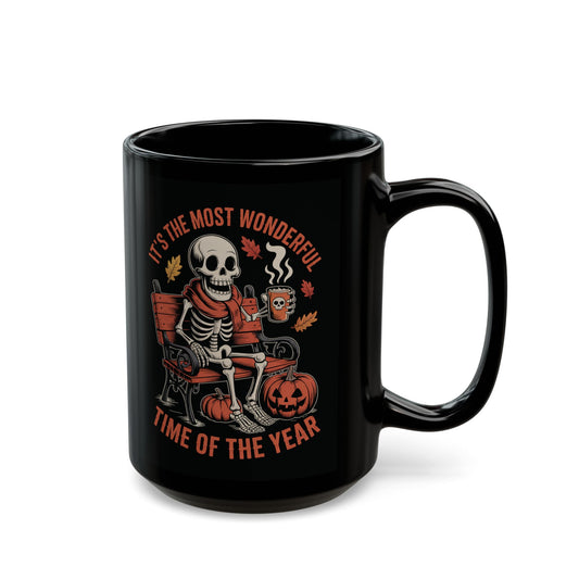 Skeleton in scarf sipping pumpkin spice latte with pumpkins and autumn leaves – gothic Halloween mug by SkeletonWear Apparel