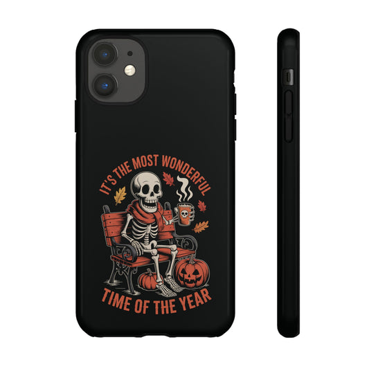 Skeleton in scarf sipping pumpkin spice latte with pumpkins and autumn leaves – gothic Halloween phone case by SkeletonWear Apparel
