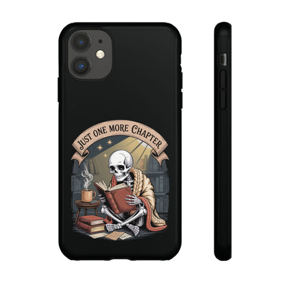Glossy skeleton phone case for iPhone 11–16 and Samsung Galaxy S20–S23 – skull in orange shawl reading antique book in gothic library scene