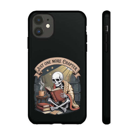 Glossy skeleton phone case for iPhone 11–16 and Samsung Galaxy S20–S23 – skull in orange shawl reading antique book in gothic library scene