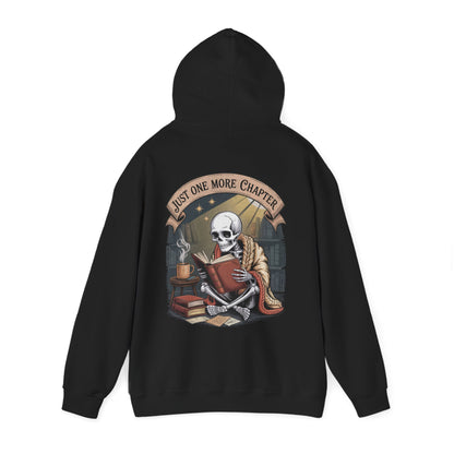 Skeleton reading hoodie, skull in orange shawl in cozy vintage library, goth spooky skeleton apparel – SkeletonWear