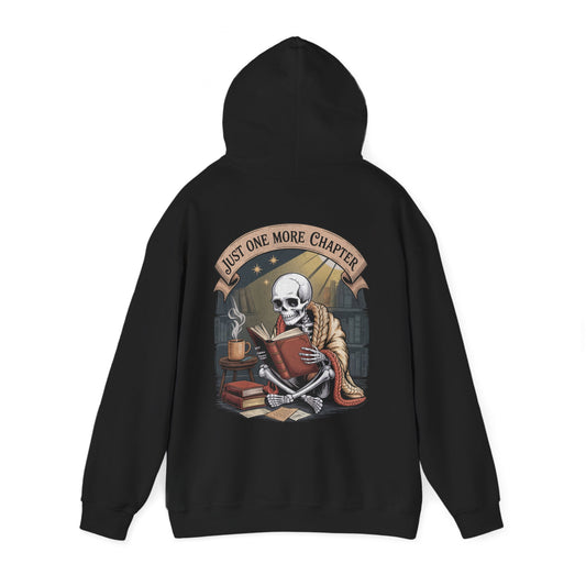 Skeleton reading hoodie, skull in orange shawl in cozy vintage library, goth spooky skeleton apparel – SkeletonWear