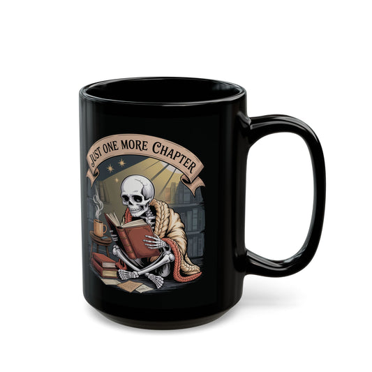 Skeleton reading mug with skull in orange shawl, antique book and steaming coffee in vintage library scene – gothic spooky coffee cup by SkeletonWear