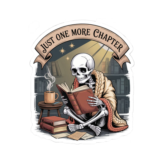Skeleton reading sticker, skull in orange shawl with antique book in cozy vintage library, gothic spooky sticker art – SkeletonWear