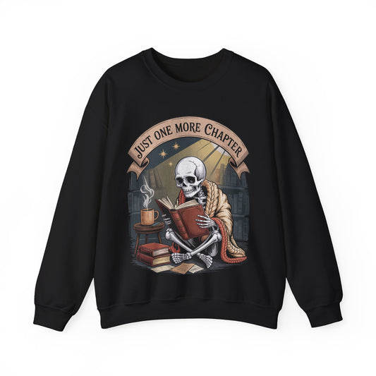 Skeleton reading sweatshirt, skull in orange shawl in cozy vintage library, goth spooky skeleton apparel – SkeletonWear