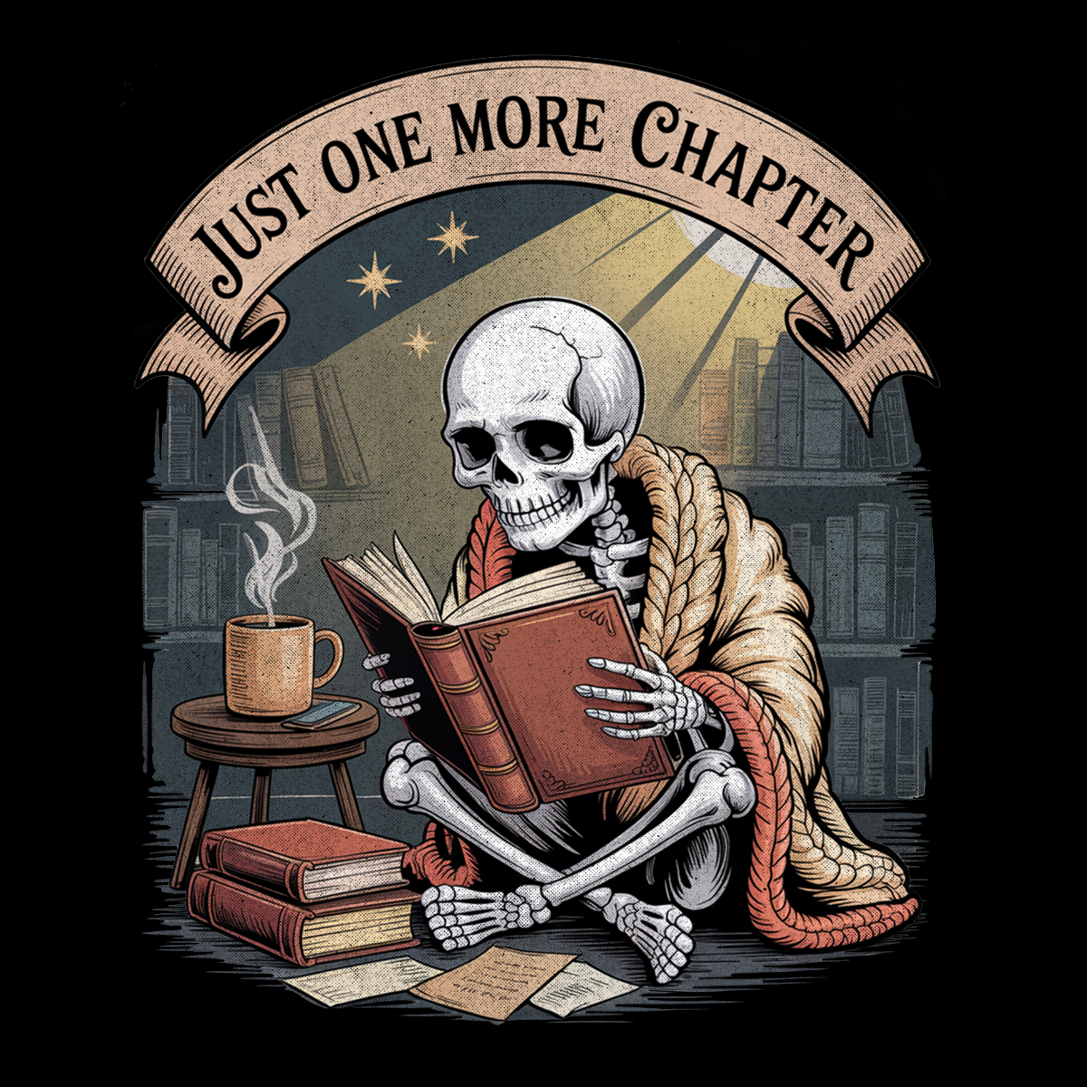 Vintage skeleton reading t-shirt, skull in orange shawl reading antique book in cozy library, goth spooky Halloween skeleton apparel – SkeletonWear