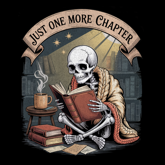 Vintage skeleton reading t-shirt, skull in orange shawl reading antique book in cozy library, goth spooky Halloween skeleton apparel – SkeletonWear