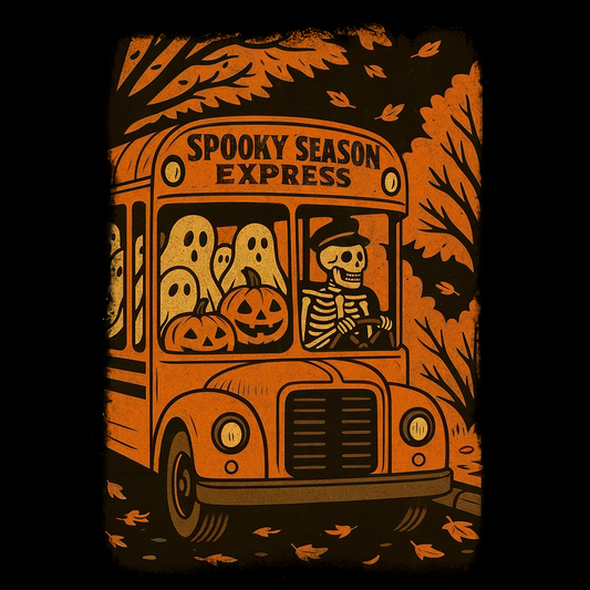 Vintage Halloween skeleton bus t-shirt with ghosts, pumpkins, and retro spooky season design