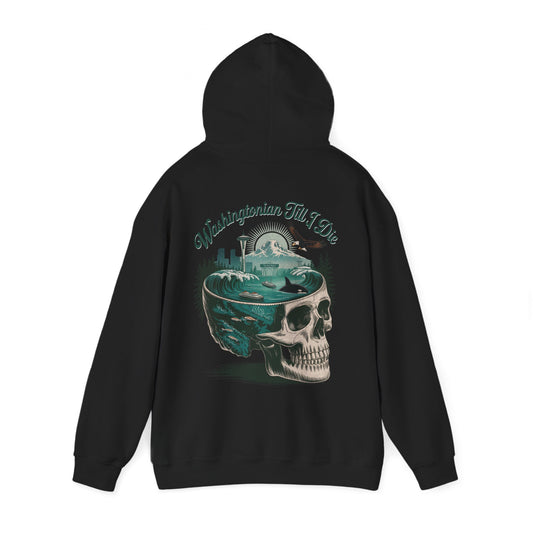 Washington Till I Die hoodie with skull, Space Needle, Orca, eagle, ferry, and mountains by SkeletonWear Apparel