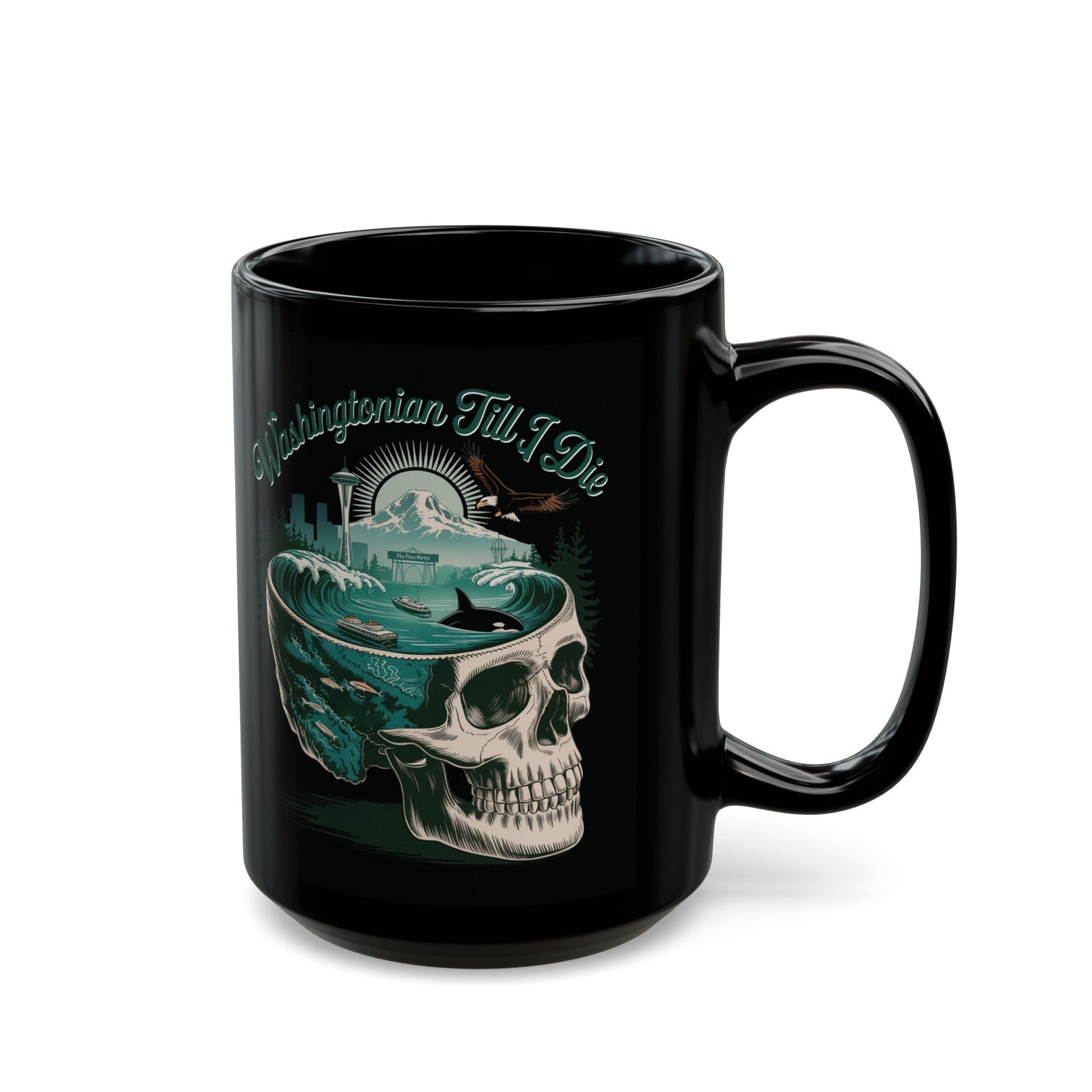 Washington Till I Die mug with skull, Space Needle, Orca, eagle, ferry, and mountains by SkeletonWear Apparel