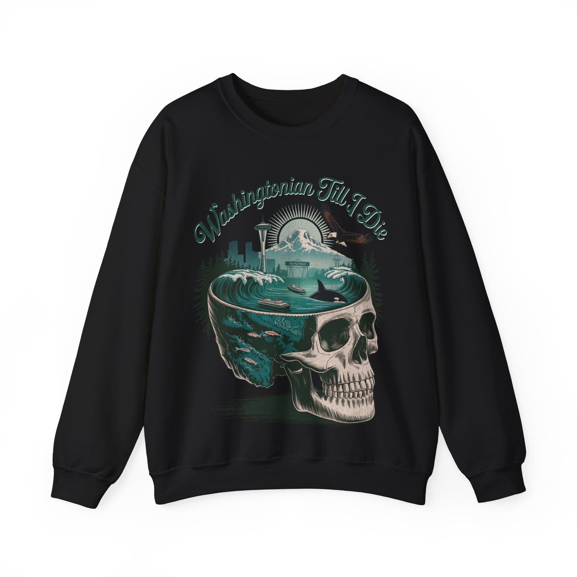 Washington Till I Die sweatshirt with skull, Space Needle, Orca, eagle, ferry, and mountains by SkeletonWear Apparel