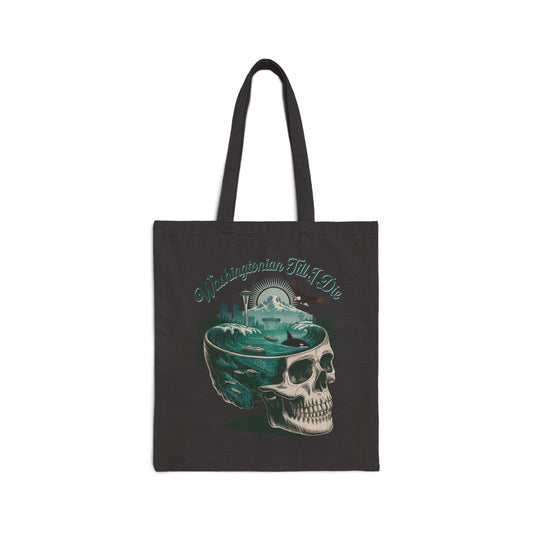 Washington Till I Die tote bag with skull, Space Needle, Orca, eagle, ferry, and mountains by SkeletonWear Apparel